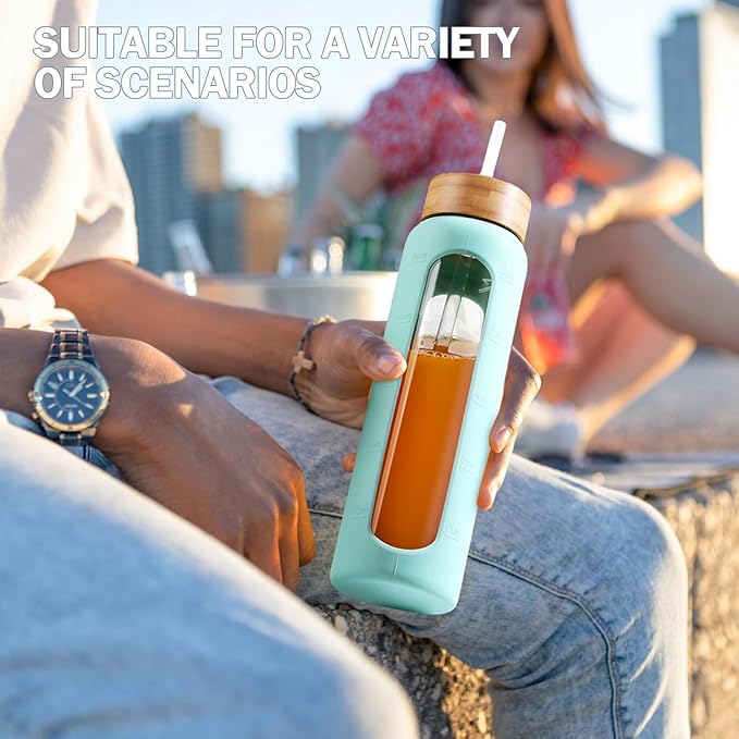 Glass Water Bottles with Straw -32oz- Water Bottle Phone Holder for Gym Large Motivational Water Bottle with Time Marker Glass Drinking Bottles 2 Lids - Spout & Bamboo Straw Lid(Mint Green)
