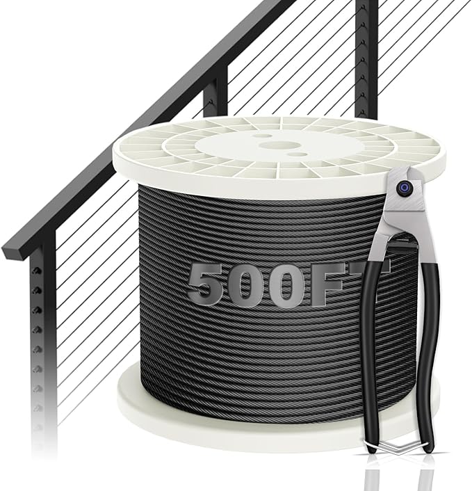 BLIKA 500FT 1/8" Black Stainless Steel Cable with Cutter, T316 Marine Grade, Stainless Steel Wire Rope 7x7 Strand Construction, 1850lbs Breaking Strength Aircraft Cable for Deck Railing