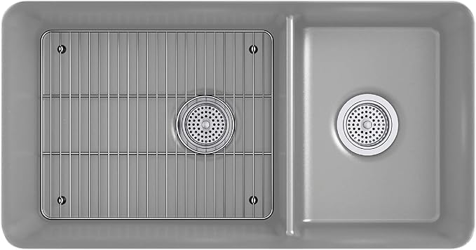 KOHLER K-8204-CM4 Cairn Sink, 33" Neoroc Composite Undermount Double-Bowl Kitchen Sink, Composite Kitchen Sink with Sink Rack, Matte Grey