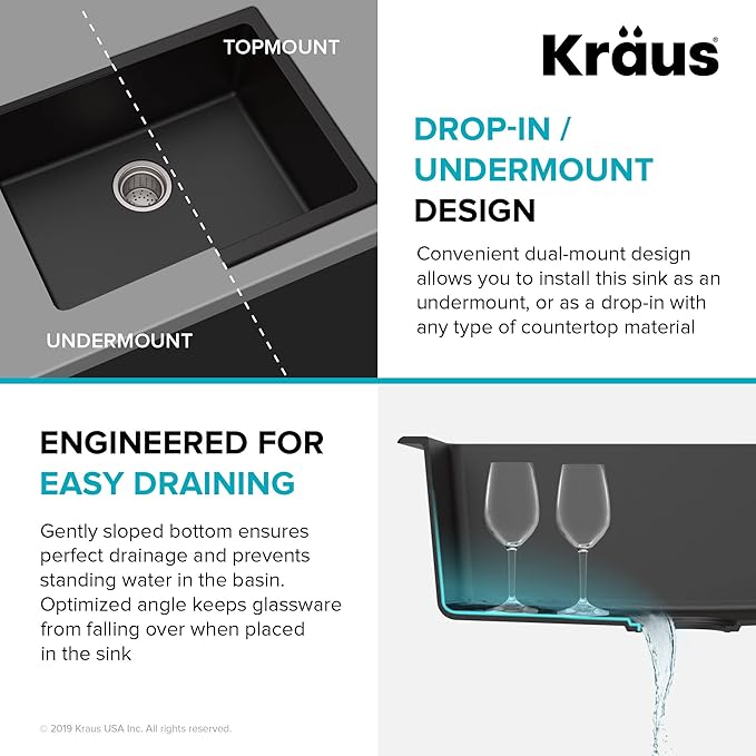 KRAUS Quarza 24-inch Kitchen Sink Drop-In/Undermount Single Bowl Granite Kitchen Sink Black Onyx, KGD-410B
