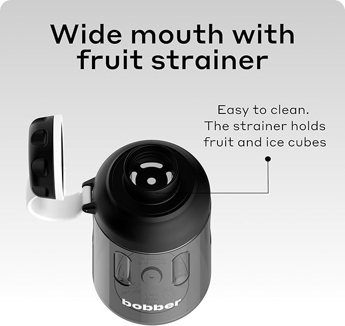 BOBBER 20 oz Tritan Water Bottle with Carry Strap & Strainer Lid — BPA Free Water Bottle for Gym — Dishwasher Safe Sturdy Water Bottle — Easy Carry Leak Proof Gym Workout Bottle for Men, Women (Black)