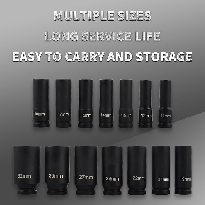 1/2" Drive Deep Impact Socket Set, 14 Piece 6 Point Metric Sizes 11-32mm(11 12 13 14 15 17 18 19 21 22 24 27 30 32mm),Cr-V Steel,Deep Socket Set 1/2 Drive