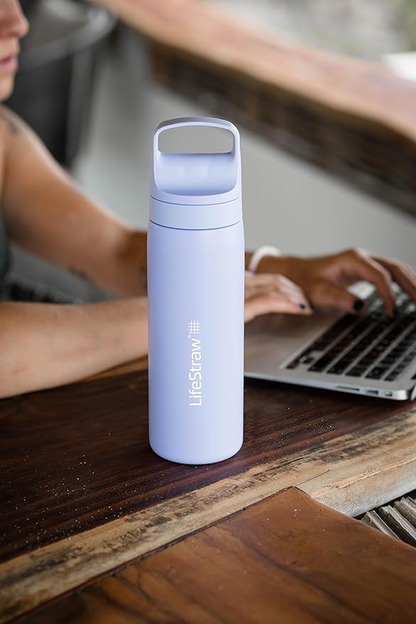 LifeStraw Go Series – Double Wall BPA-Free Vacuum Insulated 18 oz Stainless Steel Water Filter Bottle for travel and everyday use; Provence Purple