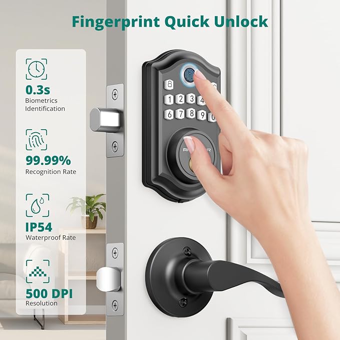 DS10 Keyless Entry Door Lock with Handle - 2 Lever Handles, Fingerprint Door Lock, Keypad Deadbolt, 2 Keys, Code, Smart Locks for Front Door, Auto-Lock, Easy Installation - Matte Black