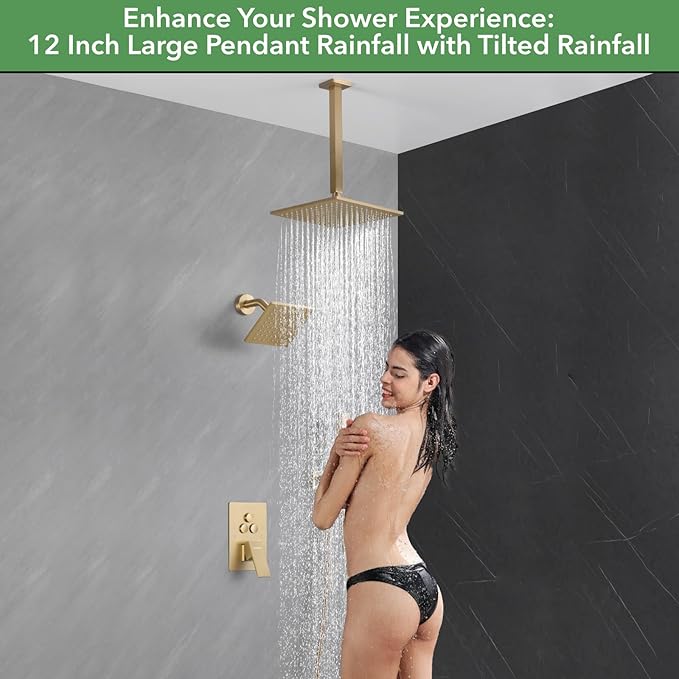 VANFOXLE Shower Faucet Set Brushed Gold Shower System,Push Button Diverter Shower Faucet with 2 in 1 Handheld,Ceiling Mount Increased Thickness 12 Inch Shower Head with 6 Inch Wall Mount Shower Head