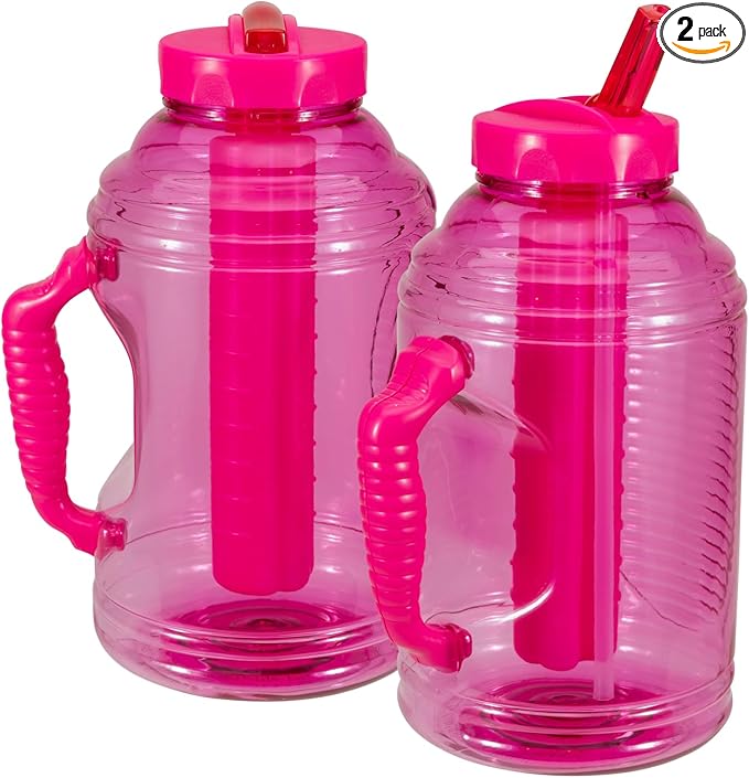 COOL GEAR 2-Pack 80 oz Big Freeze Sports Water Bottle with Freezer Stick and Handle | Hydrating Colored Water Bottle - Pink