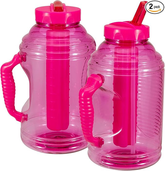 COOL GEAR 2-Pack 80 oz Big Freeze Sports Water Bottle with Freezer Stick and Handle | Hydrating Colored Water Bottle - Pink