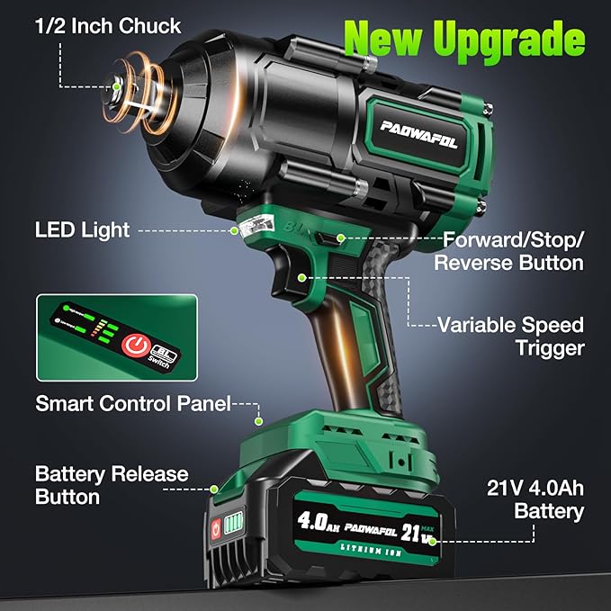 1200N.m(900ft-lbs) Brushless Impact Wrench, High Torque 1/2" Impact Gun with 2 * 21V 4.0AH Battery, Fast Charger, 5 Sockets & Storage Case, Cordless Impact Driver for Home Car Truck Tires