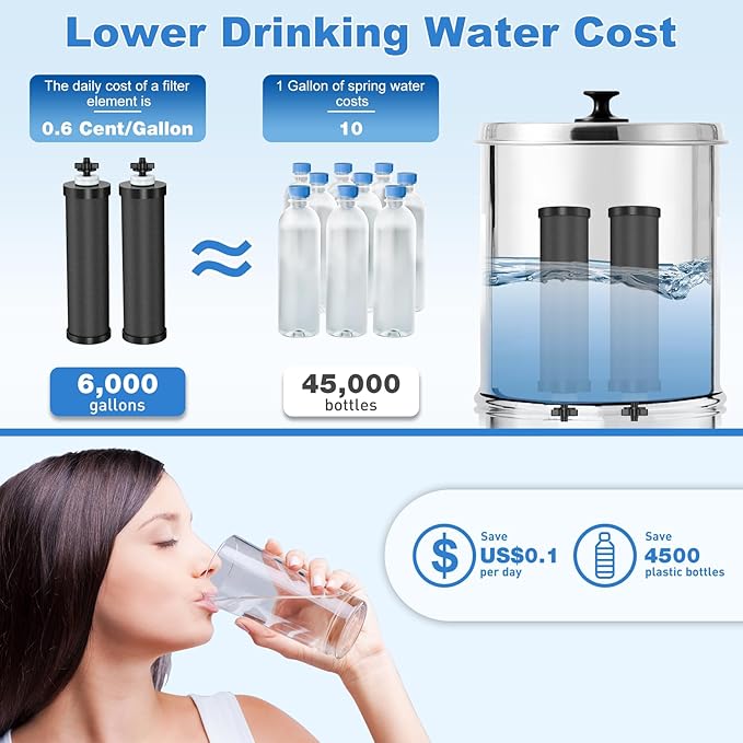 Water Filter Replacement for Berkey® BB9-2® Black Purification Elements, Activated Carbon Filters Compatible with Berkey Gravity Water Filtration System, Pack of 6