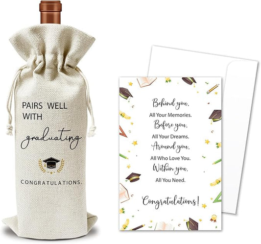 Graduation Wine Gift Bags & Card, Graduation Gifts for Him Her Son Daughter College, Pairs Well With Graduating, 1 pcs Reusable Burlap Wine Gift Bags for Wine Bottles, Graduation Party Decor Favor -27