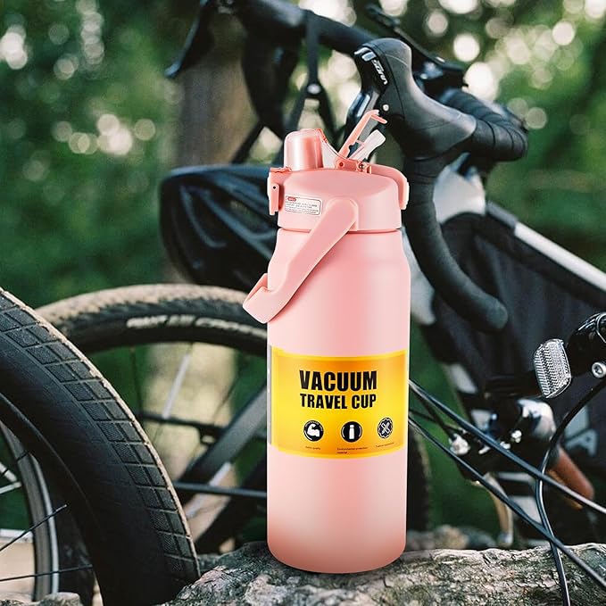 50oz/1.5L Insulated Sports Water Bottle, Stainless Steel Double Wall Water Jug with Handle, 2-in-1 Chug Spout and Straw Lid with Lock Cover for School, Outdoor, Sports & Travel, Pink