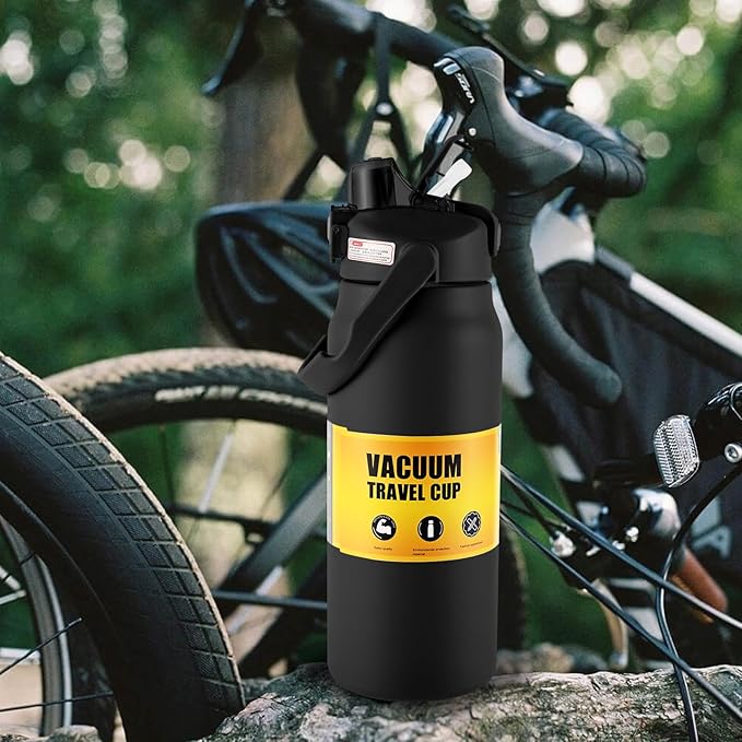 50oz/1.5L Insulated Sports Water Bottle, Stainless Steel Double Wall Water Jug with Handle, 2-in-1 Chug Spout and Straw Lid with Lock Cover for School, Outdoor, Sports & Travel, Black