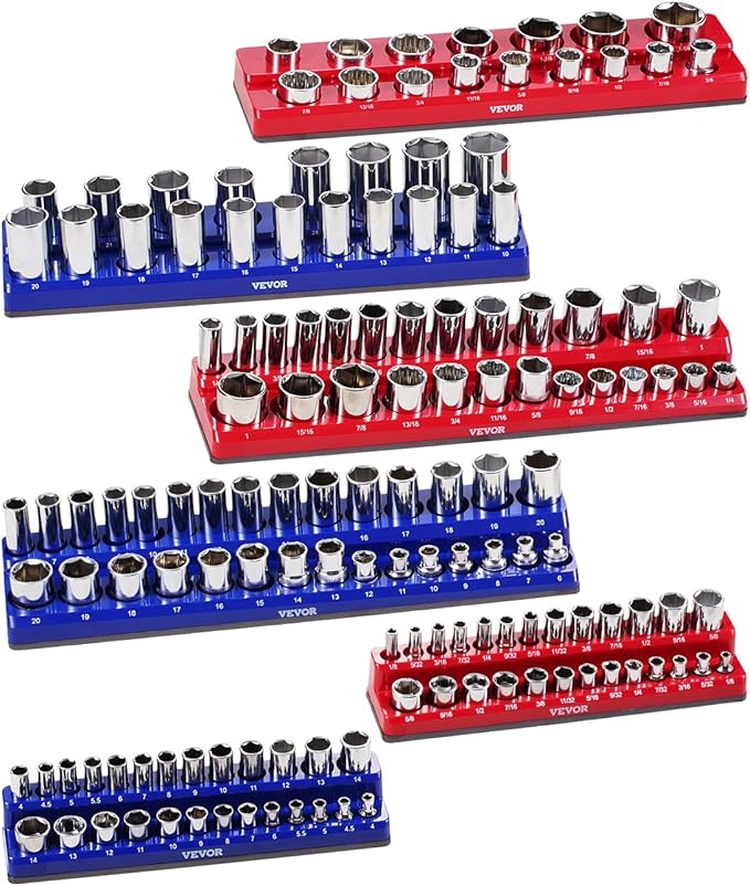 VEVOR Magnetic Socket Organizer Set, 6PCS Socket Holder, 1/4'', 3/8'' & 1/2'' Metric SAE Socket Trays with Clear Labels, Hold up to 143PCS Standard & Deep Sockets, Blue & Red (Sockets Not Included)