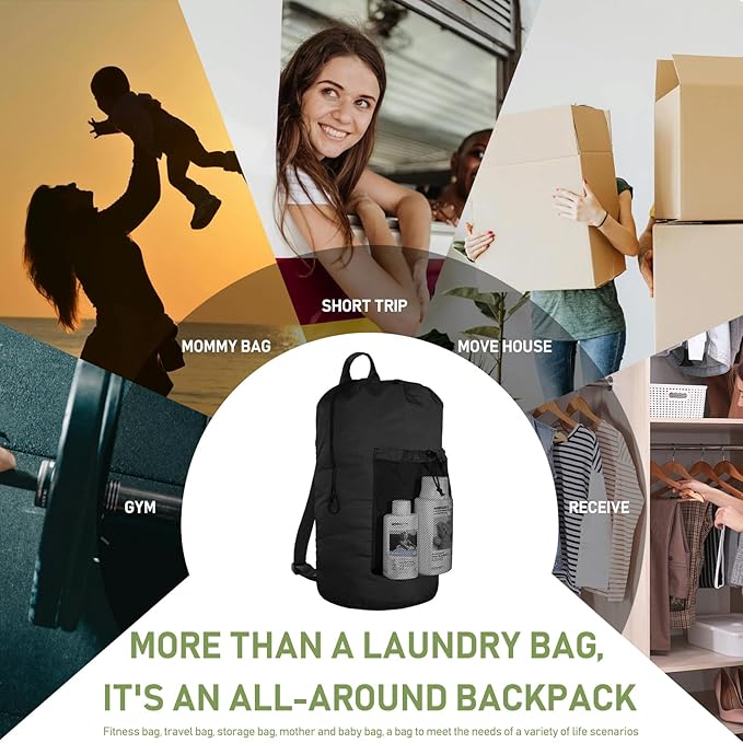 Laundry Bag Backpack, Large Travel Laundry Bags with Shoulder Straps & Mesh Pocket Durable Polyster Clothes Hamper Bag for College Laundromat Apartment (Black, Large)