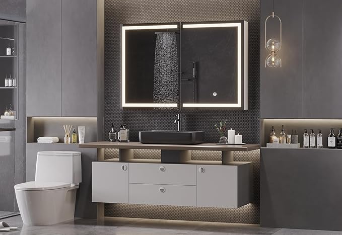 DICTAC Medicine Cabinet with Mirror and LED Light, Wall Mounted Bathroom Mirror with Storage, 2 Doors Bathroom Wall Cabinet, Memory Dimmable 3 Color Temp, Adjustable Shelves, 35.4''x23.6''