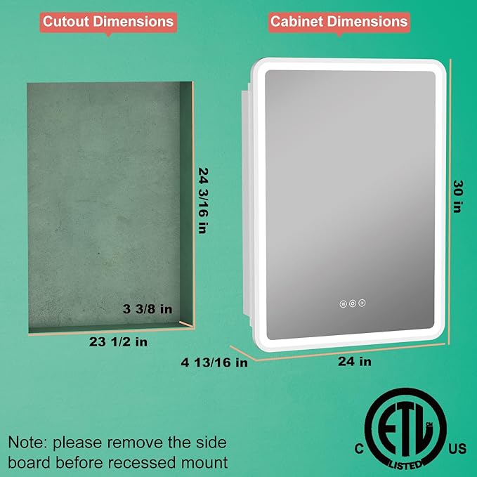 24x30 Inch Medicine Cabinet with Mirror, Recessed or Surface Mount Bathroom Medicine Cabinet with LED Lights, Anti-Fog, Memory Function, Adjustable Shelf, Dimmable Light, ETL Listed, White,Left Hinge