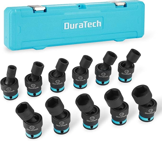 DURATECH 3/8" Drive Impact Swivel Socket Set, 11-Piece Shallow Wobble Socket Set, Metric, Cr-Mo Steel, 6 Points, Organized in Sturdy Storage Case(8-19mm)