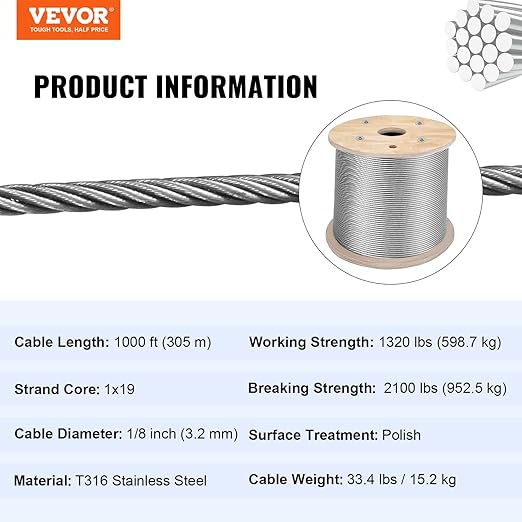 VEVOR 1/8" Stainless Steel Cable 1000FT, T316 1x19 Tighter Core Cable Railing System Wire Rope Aircraft Deck Railing Kit Fence Wire