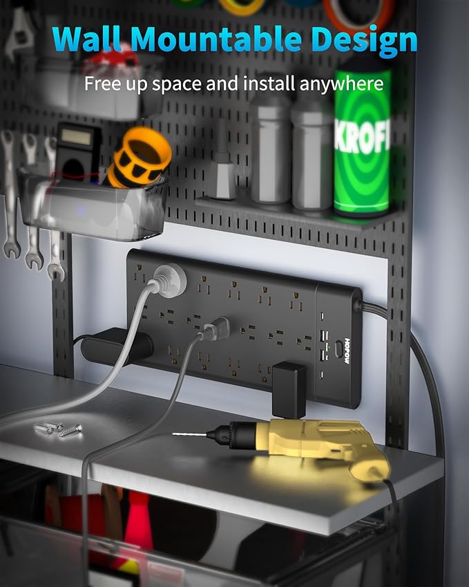 Power Strips with Surge Protection, HOPOW 6 Ft Flat Plug Power Strip Extension Cord with 19 Outlets and 4 USB Ports, 2100J Surge Protector, Wall Mount for Home, Office, Gaming Room, Dorm, Black