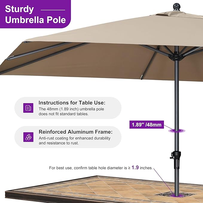 PURPLE LEAF 10' x 10' Square Patio Umbrella Outdoor Table Umbrella Aluminum Frame Market Umbrella Sun Umbrella with 8 Sturdy Ribs for Garden Deck Lawn Pool Taupe
