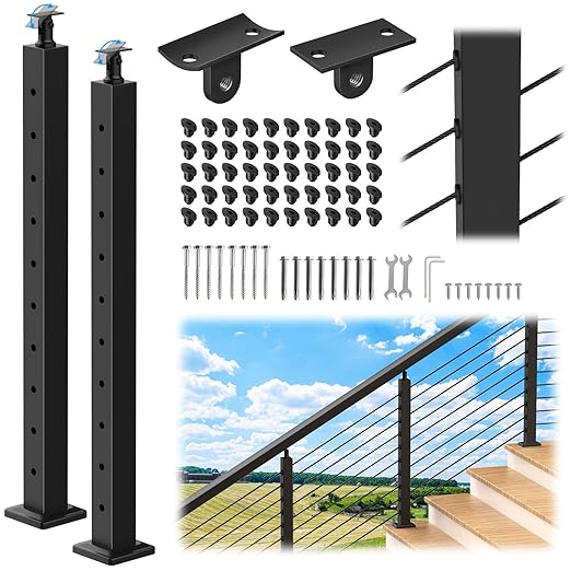 Black Stair Cable Railing Post 35" for 25-35 Degrees Stair, 2 Pack Stainless Steel Adjustable Surface Mount Cable Railing System Kit with Grommets, Indoor & Outdoor(MY08-S)