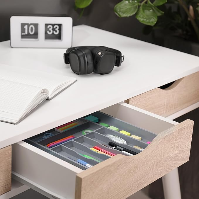 Large Premium Bamboo Silverware Organizer - Expandable Drawer Organizer & Utensil Organizer - 17"x19.7" Cutlery Tray with Dividers for Kitchen Utensils and Flatware (7-9 Slots) (Grey)