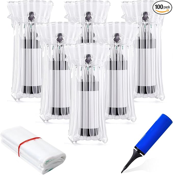 100 Pcs Wine Bottle Protector Travel Bags, Inflatable Air Column Packaging Cushioned Bubble Bag, Wine Shipping Sleeves Wrap Pouches with Reusable Inflator Pump