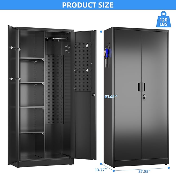 61.61" H Metal Broom Closet Storage Cabinets with Pegboards and Hooks,Utility Closet Storage Cabinet with Hanging Rod and Adjustable Shelves for Garage,Laundry Room,Utility Room,Warehouse