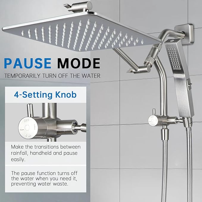 G-Promise All Metal 10 Inches Rain Shower Head with Handheld Built-in Power Wash Mode, 3-way Diverter with Pause Setting, 11 Inches Adjustable Extension Arm with Lock Joint, Long Hose (Brushed Nickel)