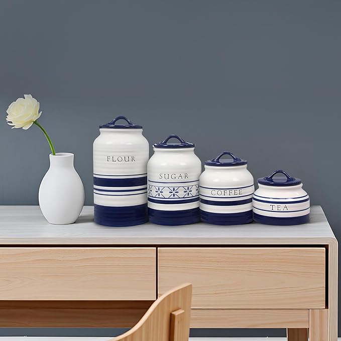 Young's Inc. 4 Pcs Set Casual Provincial Ceramic Canisters- Storage Container for Kitchen and Bathroom - Beautiful Home Decor Accent to Store Food, Coffee, Tea, and More - Green, White