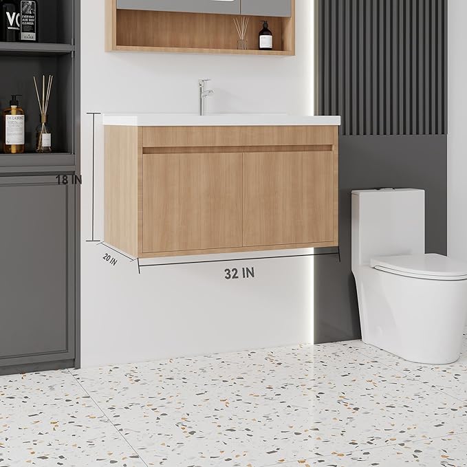 32'' Bathroom Vanity with Ceramic Sink Combo, Wall Mounted Small Bathroom Vanity with Soft-Close Door Modern Floating Cabinet, Pop-up Drain, P-Trap Included, Walnut(No Faucet)