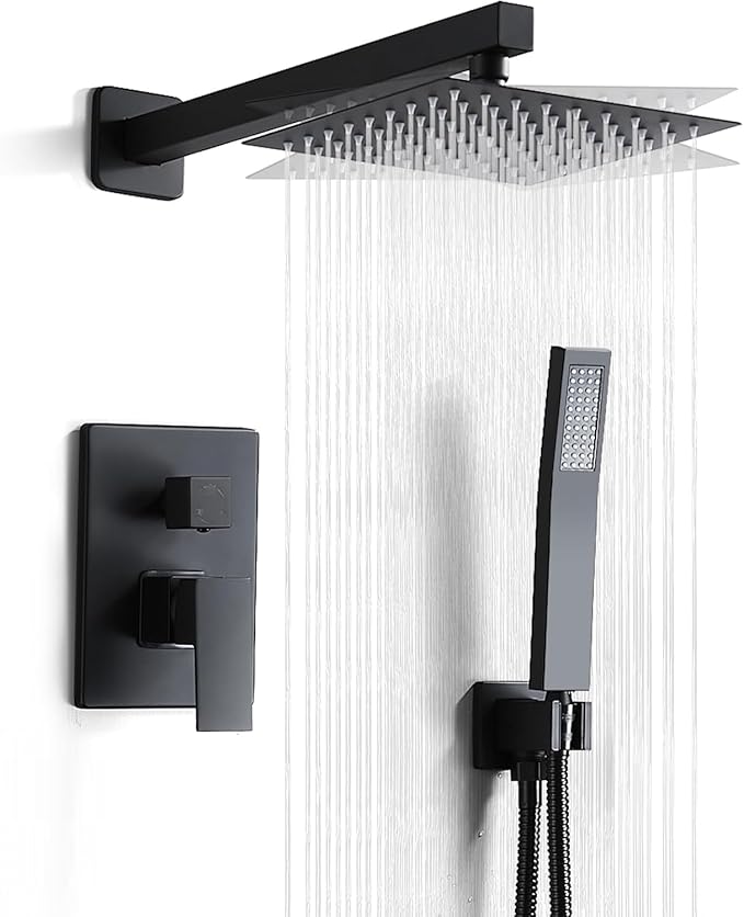 Matte Black Shower Head and Handle Set 10 Inch, Rain Shower Head with 2 Hooks, Luxury Rain Shower Set Square Wall Mount for Bathroom with Rain Shower and Handheld Shower System