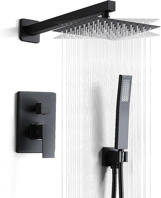 Matte Black Shower Head and Handle Set 10 Inch, Rain Shower Head with 2 Hooks, Luxury Rain Shower Set Square Wall Mount for Bathroom with Rain Shower and Handheld Shower System
