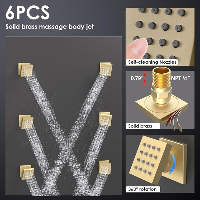 Enga Luxury Brushed Gold Shower System, 16 Inch Rain Shower Head with Body Spray Thermostatic Shower Faucet Set, Can Use All Functions At a Time (Volume Adjustable)