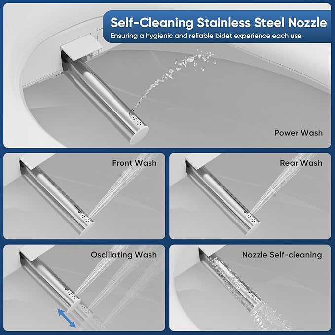 Electric Bidet Toilet Seat with Instant Warm Bidet Wash & Warm Air Dryer, Self-Cleaning Stainless Steel Nozzle, Soft Close Lid, Elongated