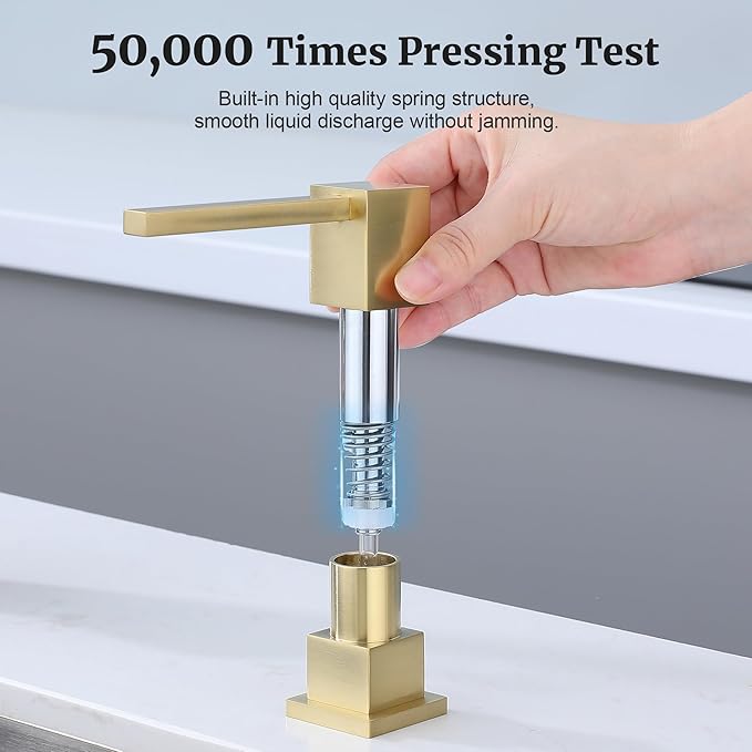 Sink Soap Dispenser for Kitchen Sink (Brushed Gold), All Brass Built-in and Refill from Top Design,Metal Hand Soap & Dish Soap Copper Pump