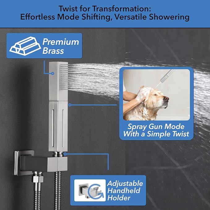 VANFOXLE Shower Faucet Set Brushed Nickel Shower System,Four Modes Shower Faucet with 2 in 1 Handheld,Ceiling Mount 10 Inch Shower Head with 6 Inch Shower Head, 4 PCS Dual Modes Body Jets