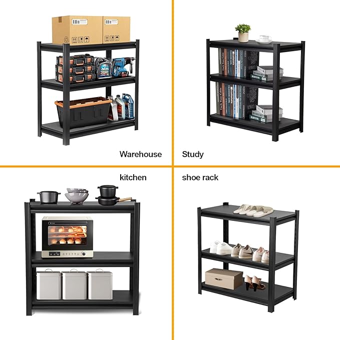 35" H Black Garage Shelving Unit, Garage Storage Shelves 1050LBS Heavy Duty Shelves, Adjustable 3 Tier Metal Shelving Utility Shelf for Home, Basement