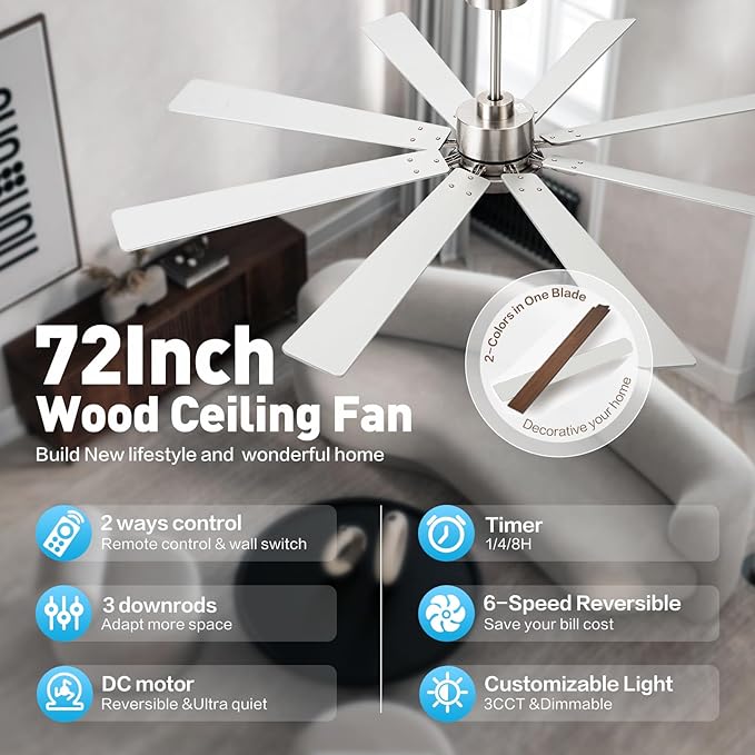 72 inch Large Ceiling Fans with Lights and Remote,Brushed Nickel Modern Indoor & Outdoor Ceiling Fan for Living Room,Patio,6 Speed Reversible Quiet DC Motor,3 CCT,Dual Finish 8 Wooden Blades