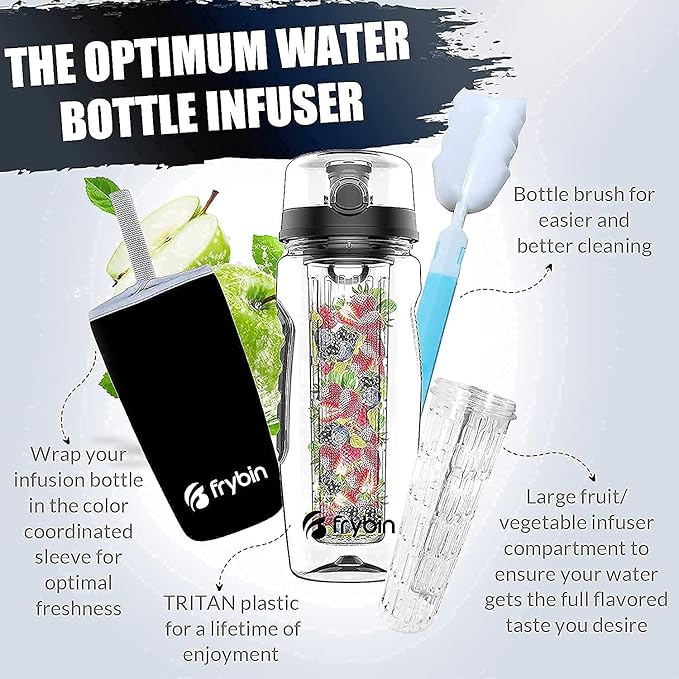 Fruit Infuser Water Bottle | Removable Infusion Basket for Flavor | Bonus Brush and Sleeve for Freshness | Made of Durable TRITAN Plastic | BPA Free Water Infuser Bottle, 32 Ounce (Black)