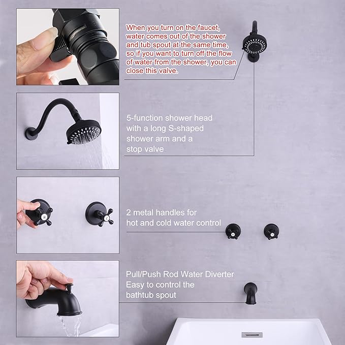 2 Handle Shower Faucet Set, Matte Black Two Handle Shower Faucet Set with Tub Spout 2 Knobs Tub and Shower Trim Kit Combo Set Wall Mounted Shower System Complete