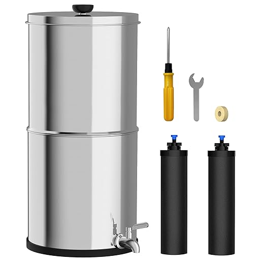 Gravity-Fed Water Filter System 2.25G Stainless Steel Countertop Water Filtration System with 2 Carbon Filters Reduce Lead and 99% Chlorine Conforms to NSF/ANSI 42&372 Standards Portable