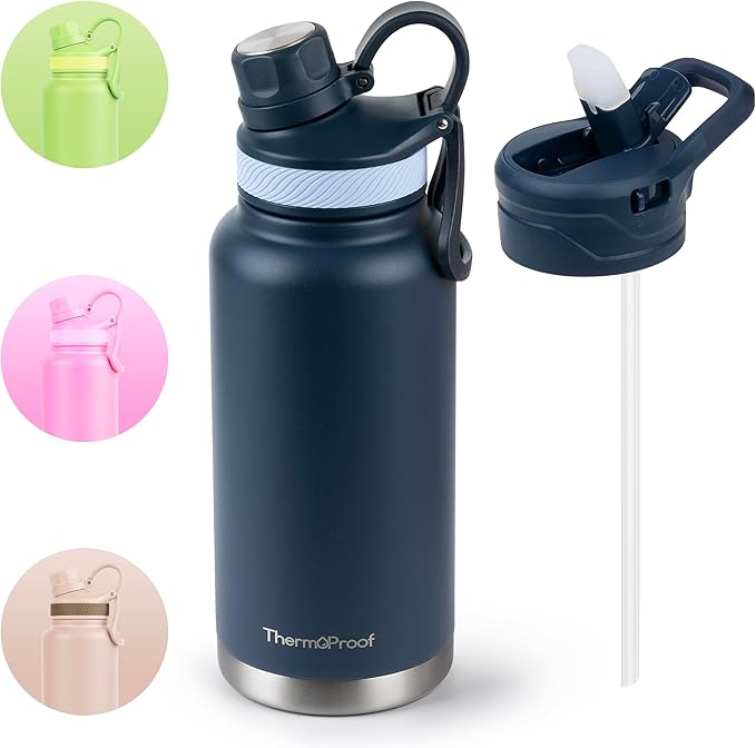 ThermoProof Double Walled Vacuum Insulated Stainless Steel Water Bottle - 32oz, Straw Lid & Spout Lid - Leak Proof - Gym, Hiking Bottles for Men, Women & Kids - Hot & Cold (Navy 32oz)