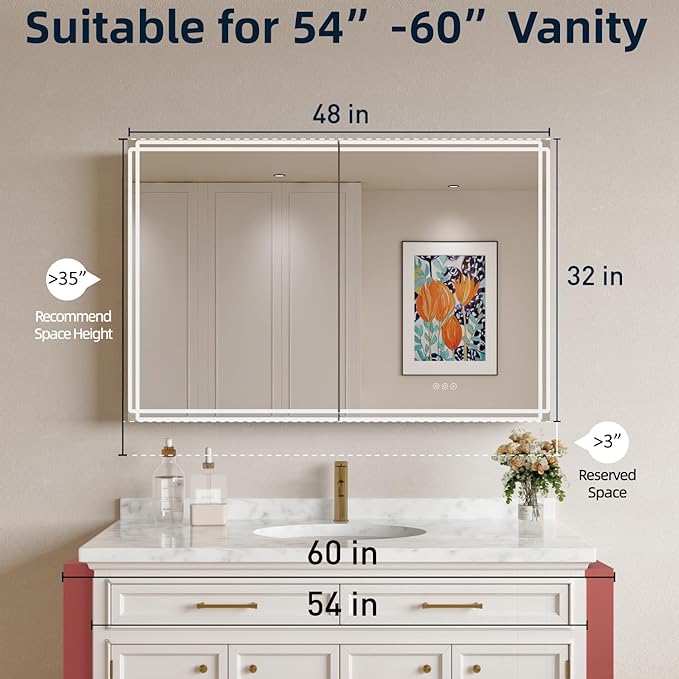 Buruis 48'' x 32'' Medicine Cabinet with Lights and Mirrors, Recessed or Wall Mounted Modern Bathroom Cabinet with 3-Mode Light, Anti-Fog, Dimmable, Memory Function, Outlet, Silver