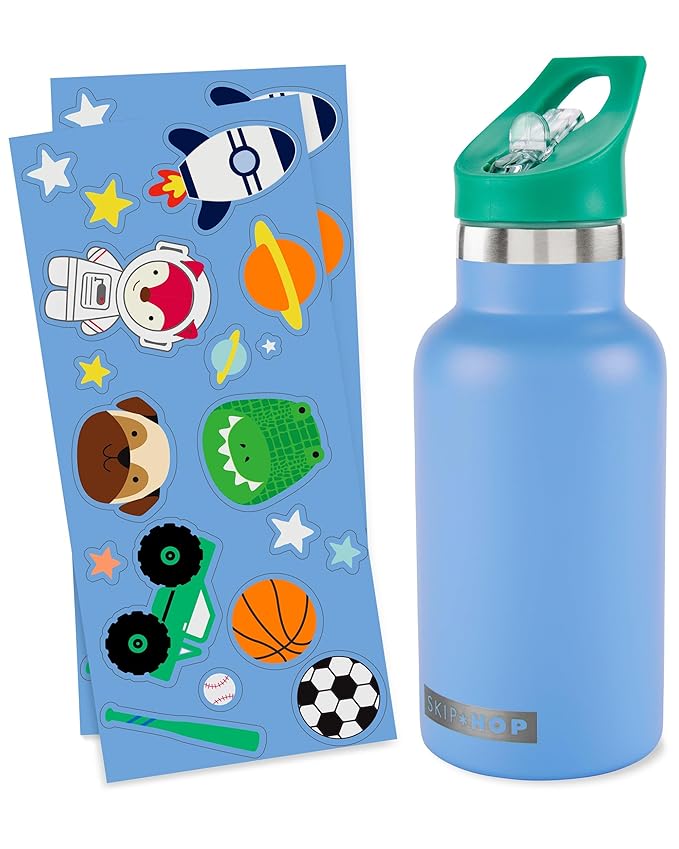 Skip Hop Stainless Steel Kids Canteen Bottle with Stickers, Straw 12.85 oz Blue