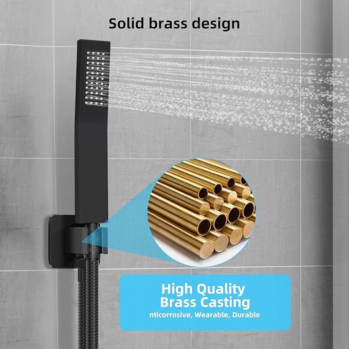 Bathroom Shower Faucet Set，10 Inch Rain Shower Head with Handheld Spray，Brass Shower Valve Trim Kit，Wall Mounted Square Rain Shower System (Matte black)