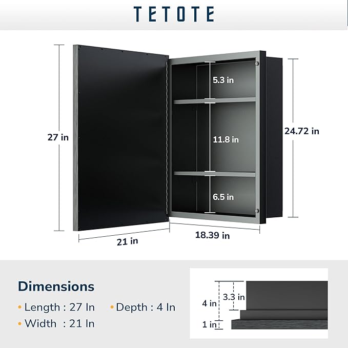 TETOTE Medicine Cabinet Mirror White Framed 21 x 27 Inch Aluminum Framed Surface or Recessed Wall-Mounted Bathroom Medicine Cabinets Beveled Mirror with Storage 1 Door Modern Farmhouse
