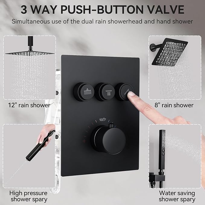 Thermostatic Shower Systems Matte Black Shower Faucets Sets, STARBATH 12+ 8" Wall Mount Rain Shower and 2 in 1 Handhled, Can Use All at Once, Push Button 3 Modes Valve and Trim Kit Complete Shower Set