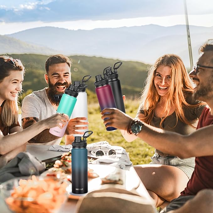 Insulated Water Bottle 24oz Stainless Steel Water Bottles with Straw&3 Lids Sports Metal Water Bottle Thermos Cup Double Walled Vacuum Insulated Bottles Leak-Proof Travel (Gradient Blue)