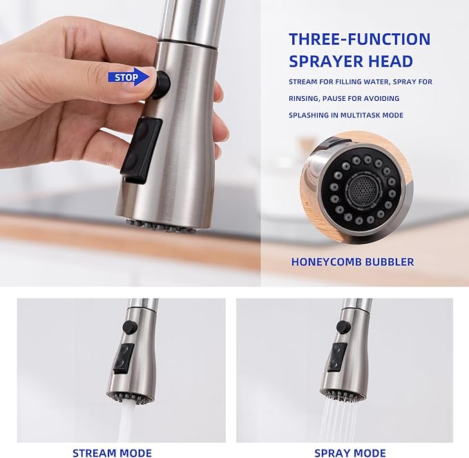 Kitchen Faucet with Soap Dispenser and Pull Down Sprayer - Stainless Steel Single Handle Kitchen Sink Faucet, 1 or 3 Hole Design for Modern Farmhouse Kitchens, Rv, and Bar Sinks(Brushed Nickel)